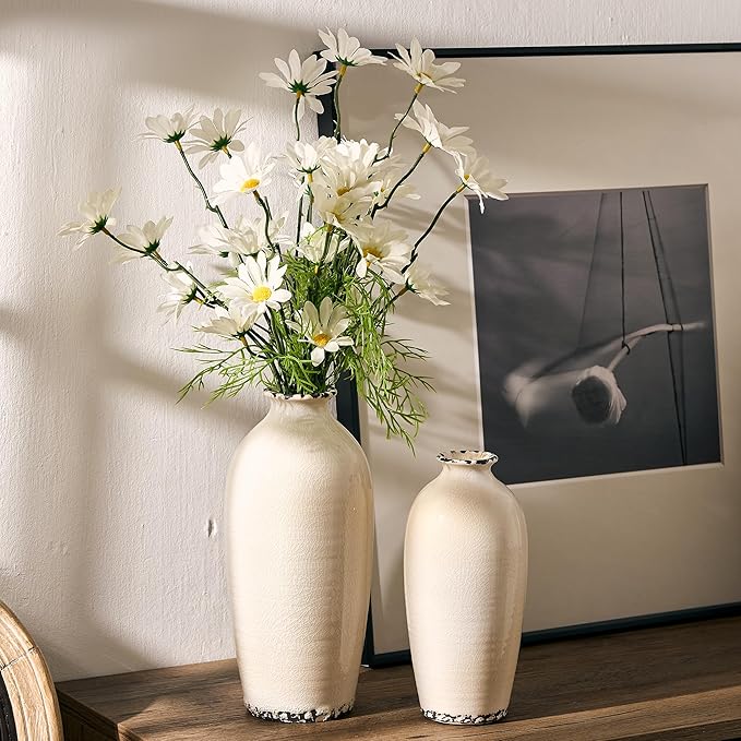Ceramic Vases for Home Decor, Ice Crackle Aged White Vintage Ceramic Vase Set of 2, Minimalist Decorative Vase for Table Centerpiece Dining Living Room Office Nightstand Fireplace Decoration
