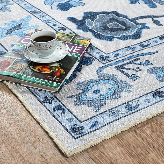 Fame Living Navy Blue Oushak Rug, Modern, Vintage, Turkish, Eclectic, Floral, Pastel, Washable, Large Area Rugs for Living Room, Dining, Bedroom, Girls, Boys, 7'5"x9'8"