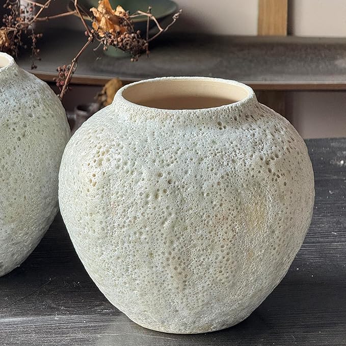 Denique Rustic Ceramic Tall Floor Vase, Vintage Farmhouse Decor - Large Terracotta Vases for Living Room Entryway Centerpiece (White-7.87inch Height)