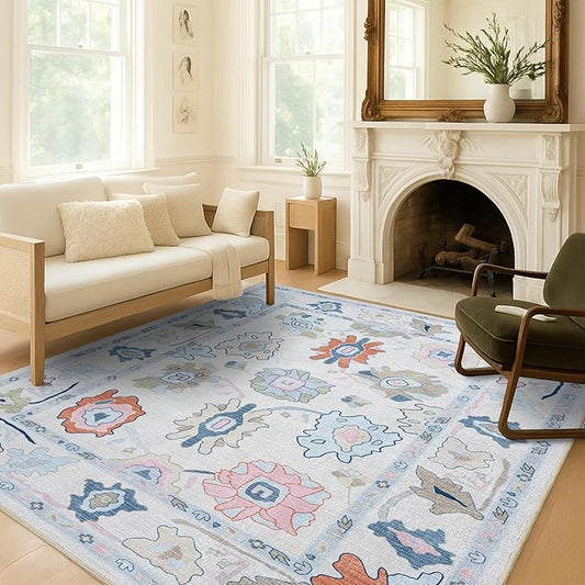 Fame Living Cream Oushak Rug, Modern, Vintage, Turkish, Eclectic, Floral, Pastel, Washable, Large Area Rugs for Living Room, Dining, Bedroom, Girls, Boys, 7'5"x9'8"