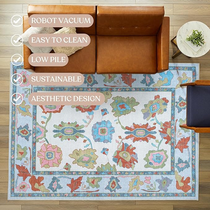 Fame Living Colorful Oushak Rug, Modern, Vintage, Turkish, Eclectic, Floral, Pastel, Washable, Large Area Rugs for Living Room, Dining, Bedroom, Girls, Boys, 7'5"x9'8"