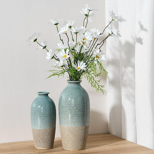 Ceramic Vases for Home Decor, Elegant Blue and Brown Ceramic Vase Set of 2, Vintage Minimalist Decorative Vase for Table Centerpiece Dining Living Room Office Nightstand Fireplace Decoration