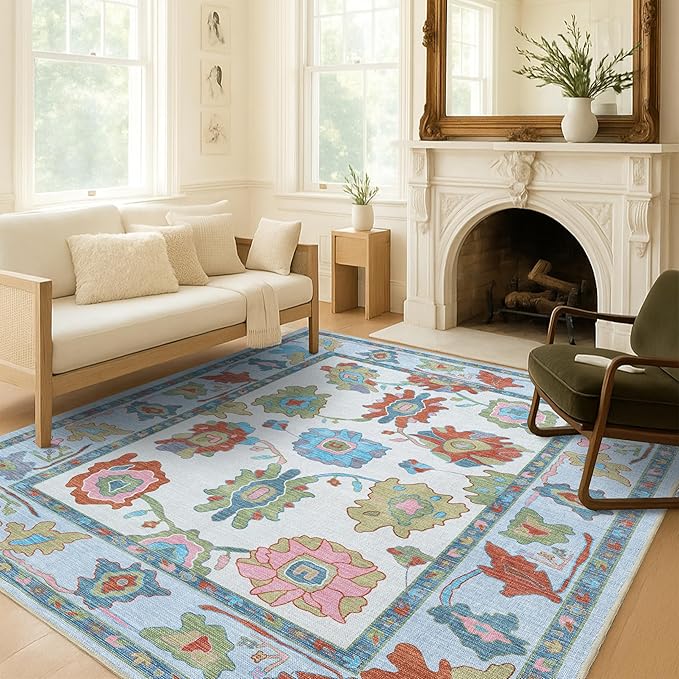 Fame Living Colorful Oushak Rug, Modern, Vintage, Turkish, Eclectic, Floral, Pastel, Washable, Large Area Rugs for Living Room, Dining, Bedroom, Girls, Boys, 7'5"x9'8"
