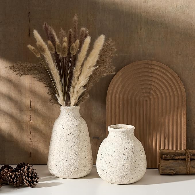Ceramic Vase Set of 2 for Home Decor, Handcrafted Sesame Dot White Rustic Terracotta Vases, Vintage Farmhouse Decor, Minimalist Decorative Vases for Table Centerpiece Fireplace Nightstand Decoration