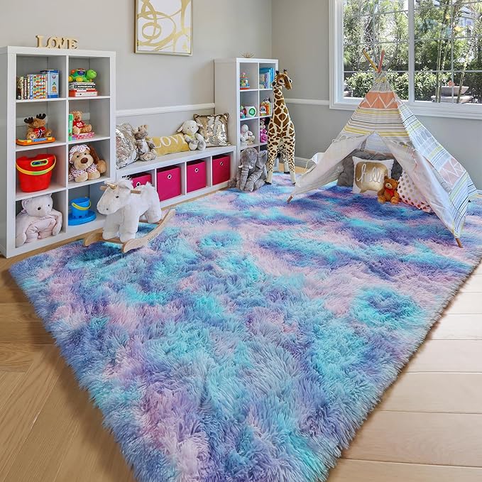 ONASAR Rainbow Rugs for Girls Bedroom, 5x8 Washable Fluffy Bedside Throw Area Rug, Soft Plush Shaggy Indoor Floor Carpet for Living Room Nursery Kids Boys Teen Dorm Home Office Decor Aesthetic