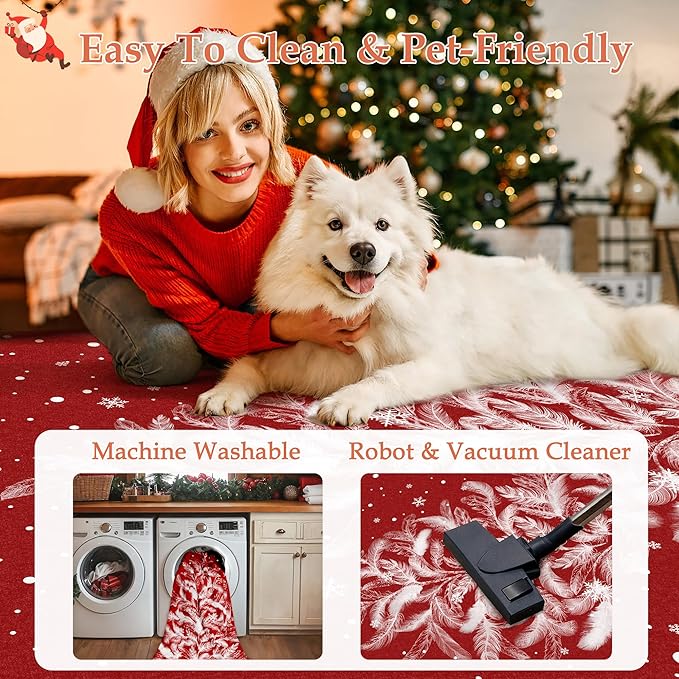 Christmas Round Rug 4ft Red Washable Non-Slip Round Circle Rug Funny Christmas Tree Carpet for Living Room Bedroom Dining Room Playroom Nursery