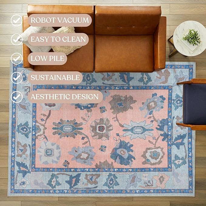 Fame Living Modern Oushak Rug, Vintage, Turkish, Eclectic, Floral, Pastel, Washable, Large Area Rugs for Living Room, Dining, Bedroom, Girls, Boys, 7'5"x9'8"