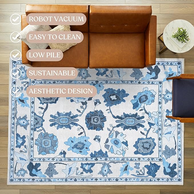 Fame Living Navy Blue Oushak Rug, Modern, Vintage, Turkish, Eclectic, Floral, Pastel, Washable, Large Area Rugs for Living Room, Dining, Bedroom, Girls, Boys, 7'5"x9'8"