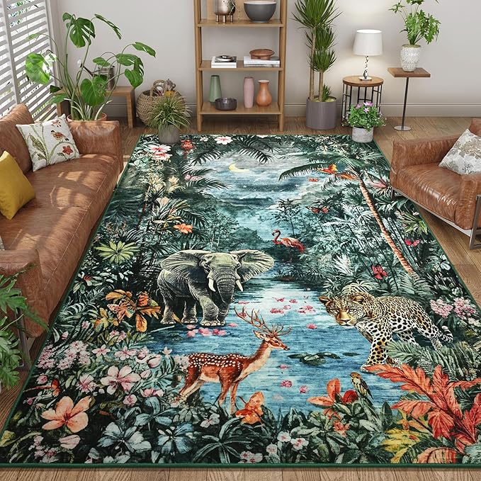 Amearea Jungle Print 6x9 Area Rug for Living Room, Washable Forest Animal Rugs for Bedroom, Low Pile Kids Nursery Room Rug, Leopard Rug Carpet for Boys Girls Playroom Dining Room Decor, Dark Green