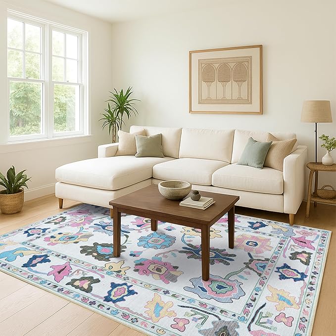 Fame Living Colorful Oushak Rug, Modern, Vintage, Turkish, Eclectic, Floral, Pastel, Washable, Area Rugs for Living Room, Dining, Bedroom, Nursery, Girls, Boys, 5'9"x8'9"