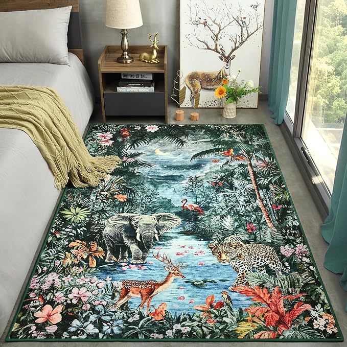 Amearea Jungle Print 5x7 Area Rug for Living Room, Washable Forest Animal Rugs for Bedroom, Low Pile Kids Nursery Room Rug, Leopard Rug Carpet for Boys Girls Playroom Dining Room Decor, Dark Green