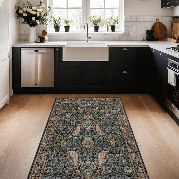 Large Entryway Rugs Indoor - 3x6 Washable Rugs for Kitchen Bedroom Beside Bed Door Mat Indoor Entrance with Moody Woodland Flowers, Non Slip Stain Resistant Low Pile