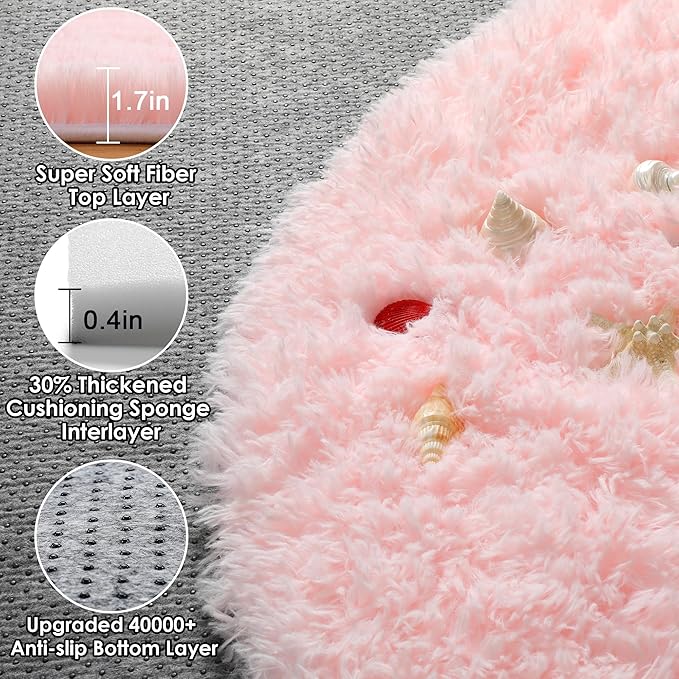 ONASAR Light Pink Round Area Rugs 4ft for Bedroom Living Room, Washable Fluffy Circle Rug for Kids Girls Boys Teen, Soft Plush Shaggy Carpet for Nursery Dorm Classroom Playroom Home Decor Aesthetic
