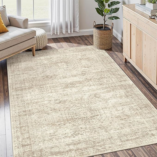 4x6 Area Rugs for Living Room, Vintage Washable Rugs for Dining Room, Bedroom, Home Office Decor, Non-Slip Beige Carpet Thin Rug