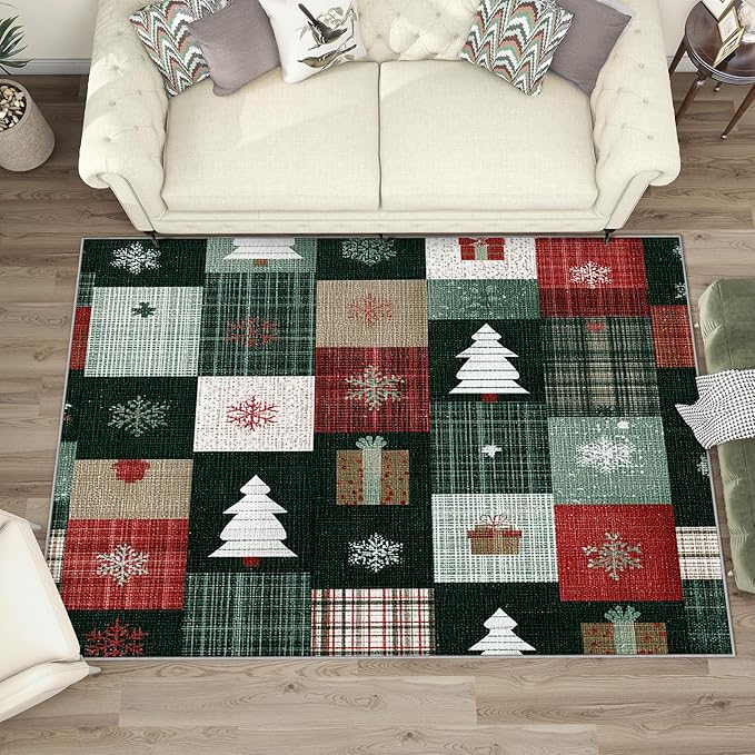 Christmas Area Rug, 6x9 Rug for Bedroom, Xmas Tree Snowflake Patchwork Plaid Washable Rugs for Living Room, Non Slip Soft Low Pile Stain Resistant Carpet, Christmas Room Decor