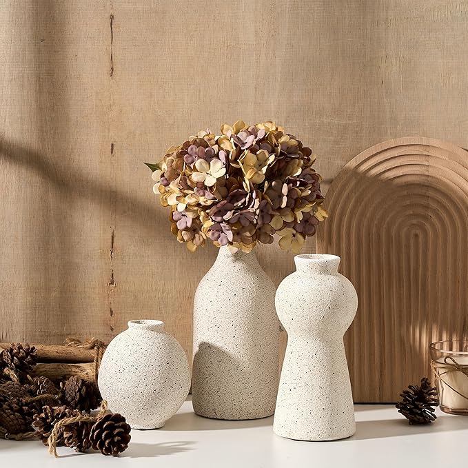 Ceramic Vase Set of 3 for Home Decor, Handcrafted Sesame Dot White Rustic Terracotta Vases, Vintage Farmhouse Decor, Minimalist Decorative Vases for Table Centerpiece Fireplace Nightstand Decoration