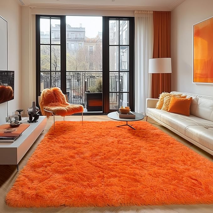 ONASAR Orange Area Rugs for Bedroom Living Room, Washable Fluffy 4x6 Indoor Bedside Floor Throw Rug, Soft Plush Shaggy Carpet for Nursery Kids Girls Boys Teen Dorm Home Office Decor Aesthetic