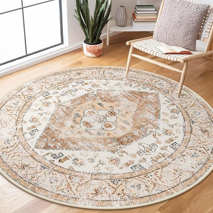 Lahome Boho Round Area Rug - 5Ft Machine Washable Round Bedroom Rugs Non-Slip Throw Large Round Rugs for Living Room, Oriental Distressed Print Circle Rugs for Office Dining Room Kitchen Classroom