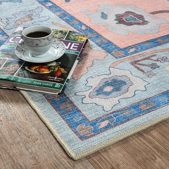 Fame Living Modern Oushak Rug, Vintage, Turkish, Eclectic, Floral, Pastel, Washable, Large Area Rugs for Living Room, Dining, Bedroom, Girls, Boys, 7'5"x9'8"