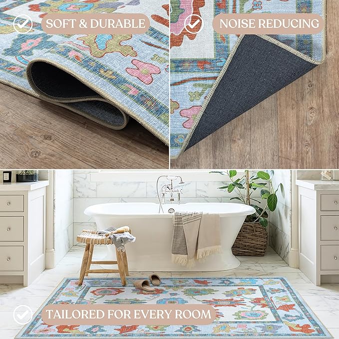 Fame Living Colorful Oushak Rug, Modern, Vintage, Turkish, Eclectic, Floral, Pastel, Washable, Area Rugs for Living Room, Dining, Bedroom, Nursery, Girls, Boys, 5'9"x8'9"