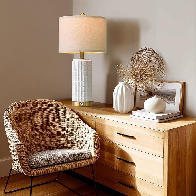 PoKat Touch Bedside Table Lamps with USB Ports for Bedroom, 25'' Dimmable Nightstand Touch Lamps for Night Stands, White Stone-Like Ceramic Lamps with Gold Base for Living Room End Side Table