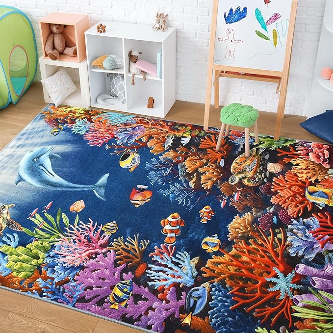 Amearea Soft Kids Rugs for Toddler Bedroom Playroom Classroom, Colorful Sea World 5x7 Area Rug, Non-Slip Washable Play Mat Nursery Rug, Fish Coral Reef Ocean Theme Carpet for Boy Girl Room Decor, Blue