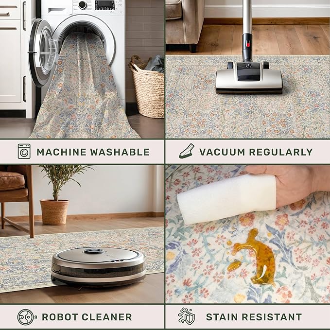 Beige Blue Washable Rugs for Living Room - 4x8 Vintage Boho Eclectic Pastel, Washable Low Pile Non Slip Area Rug for Bedroom Beside Bed, Door Mat Indoor Entrance, Kitchen, Home Floor Decor