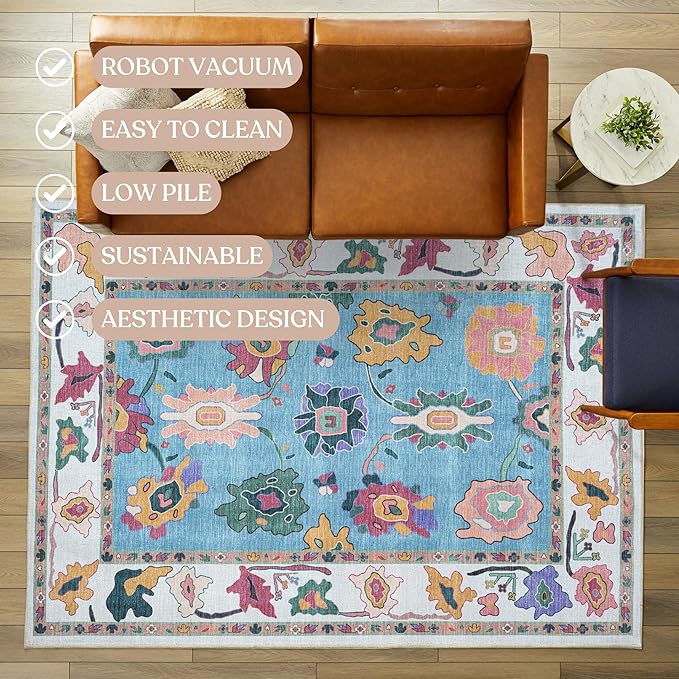 Fame Living Colorful Oushak Rug, Modern, Vintage, Turkish, Eclectic, Floral, Pastel, Washable, Area Rugs for Living Room, Dining, Bedroom, Nursery, Girls, Boys, 5'9"x8'9"