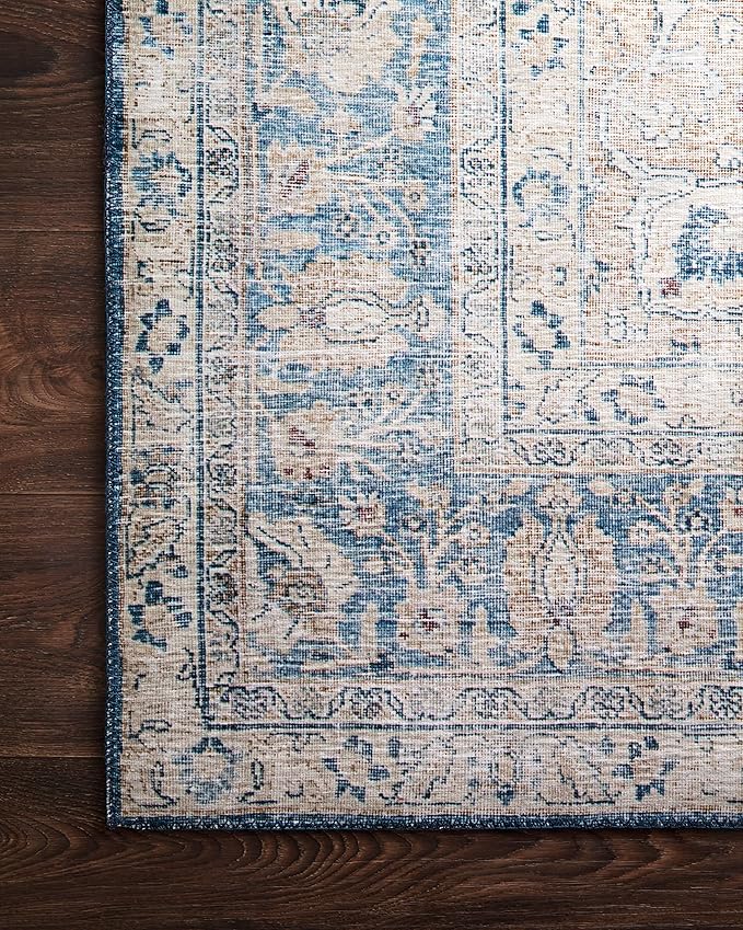 Loloi Layla Collection LAY-07 Blue/Tangerine 7'-6" x 9'-6" .13" Thick Area Rug, Soft, Durable, Vintage Inspired, Distressed, Low Pile, Non-Shedding, Easy Clean, Printed, Living Room Rug