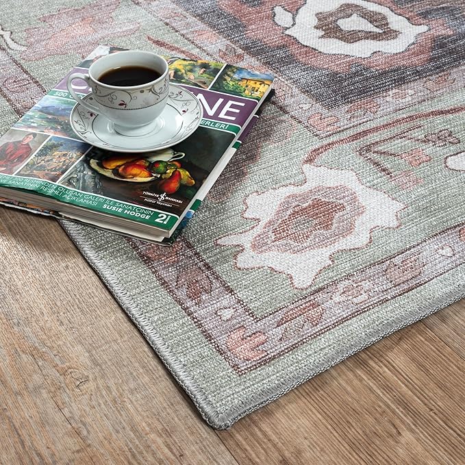 Fame Living Green Oushak Rug, Modern, Vintage, Turkish, Eclectic, Floral, Pastel, Washable, Area Rugs for Living Room, Dining, Bedroom, Nursery, Girls, Boys, 5'9"x8'9"